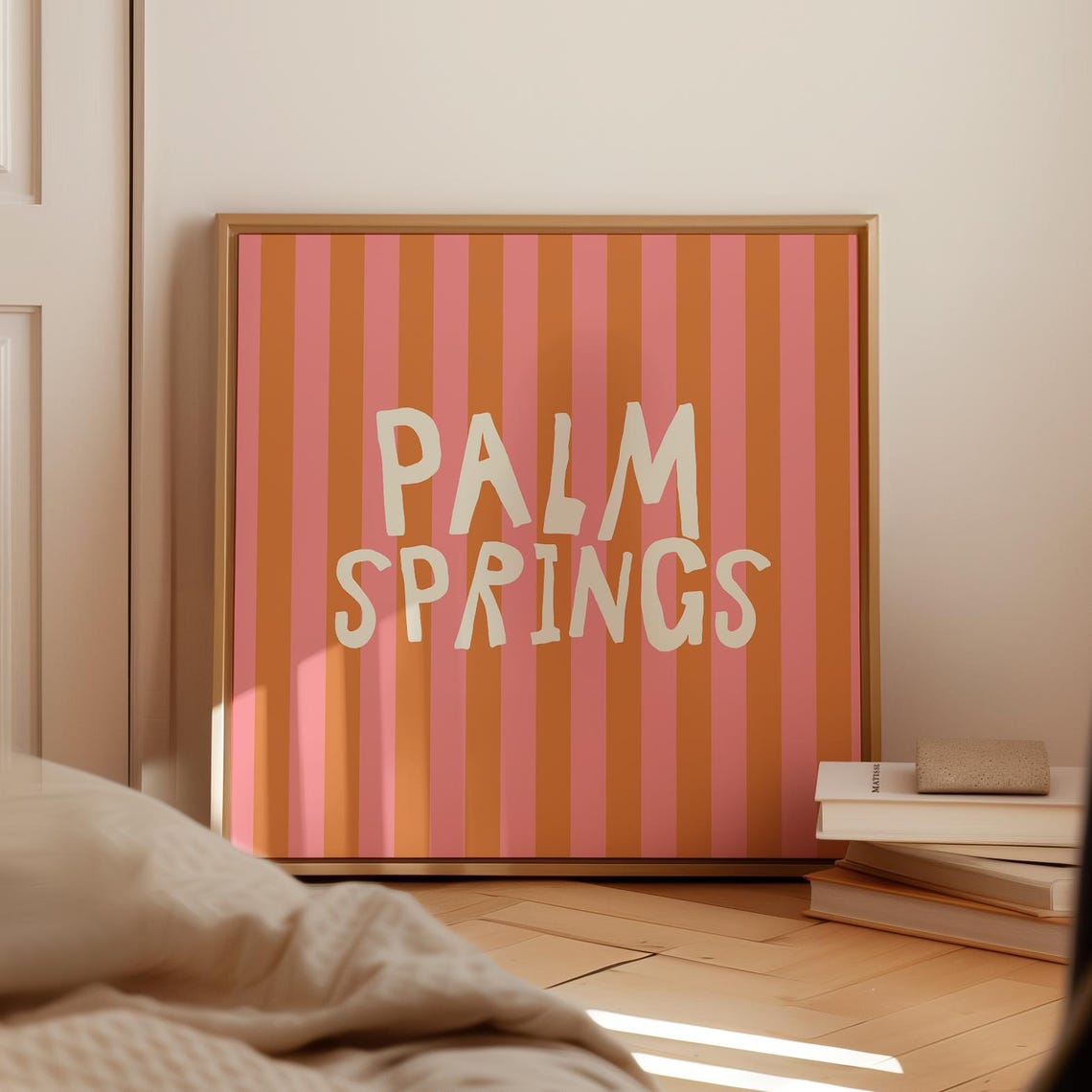 Palm Springs Cream Hand Lettered Pink Orange Striped Square Poster