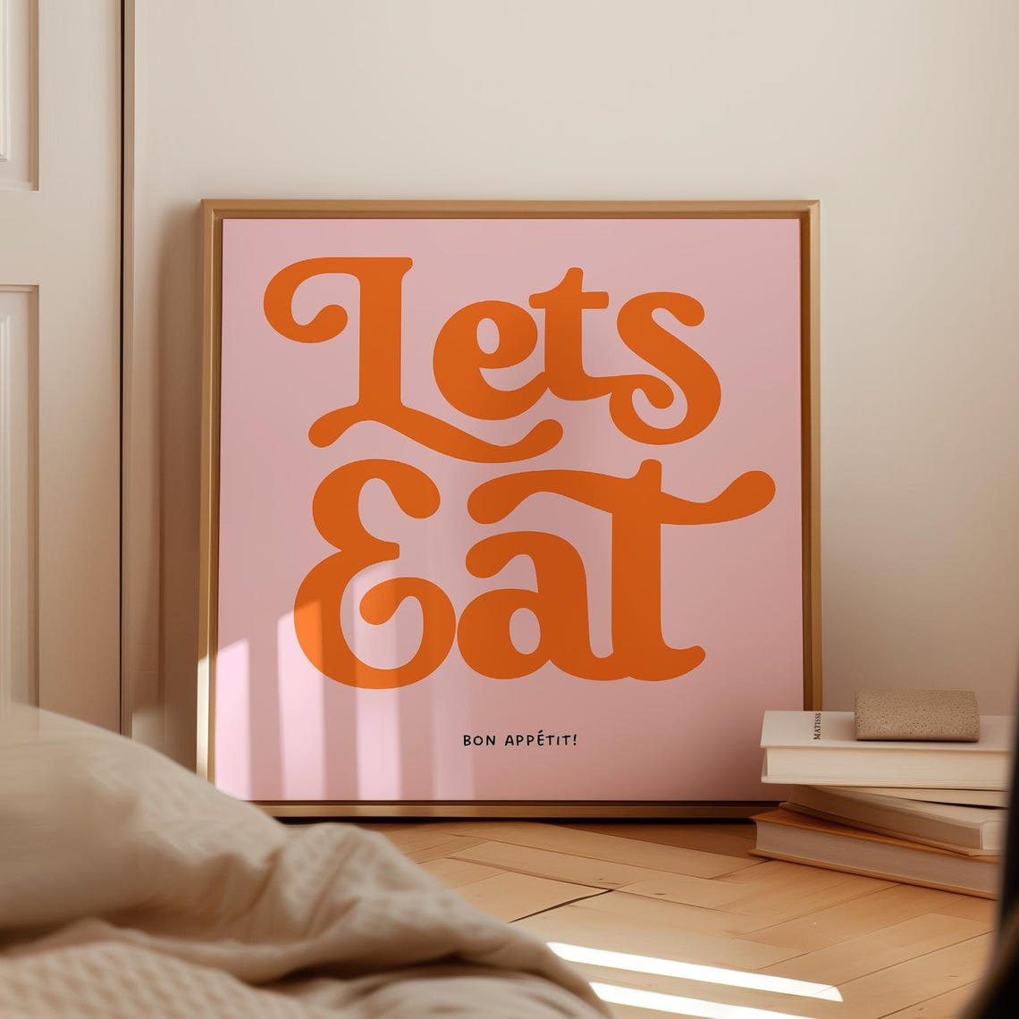 Lets Eat Retro Script Orange on Pink Bon Appetit Kitchen Poster Fun