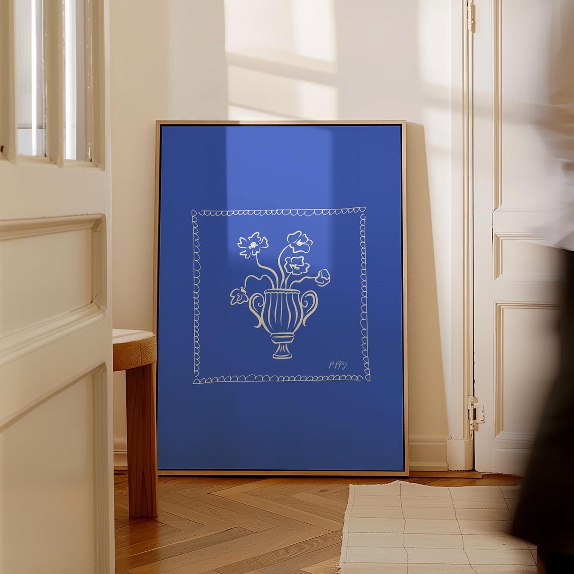Cream Floral Urn Scalloped Border Cobalt Blue Bold Botanical Poster