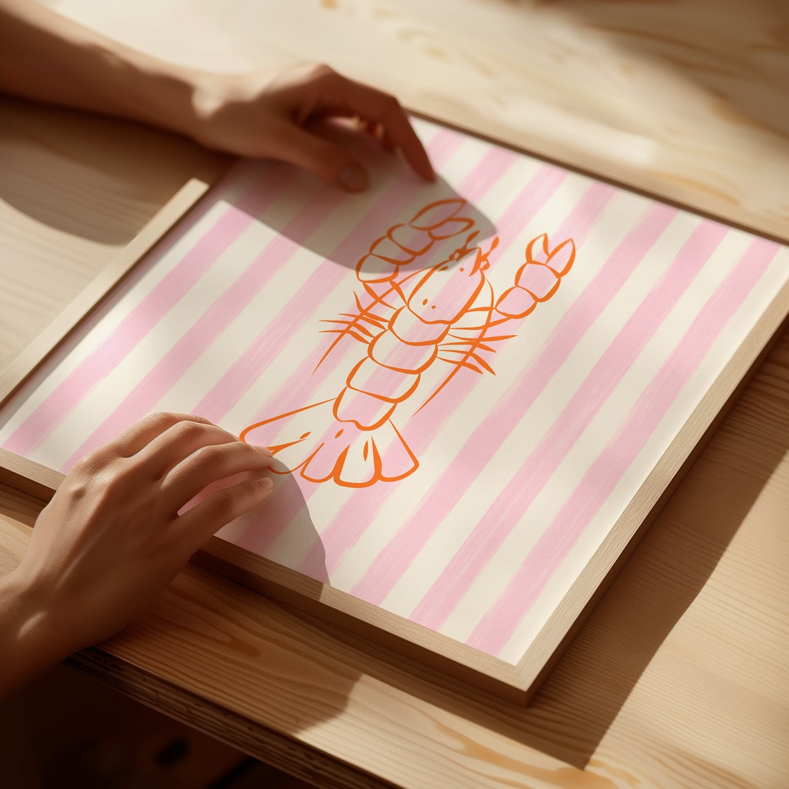 Whimsical Orange Lobster Line Art on Pink Striped Background Poster