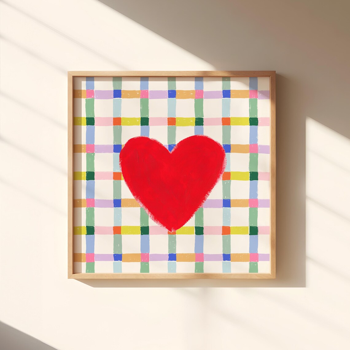Bold Red Watercolor Heart Colorful Check Plaid Love Theme Wall Art