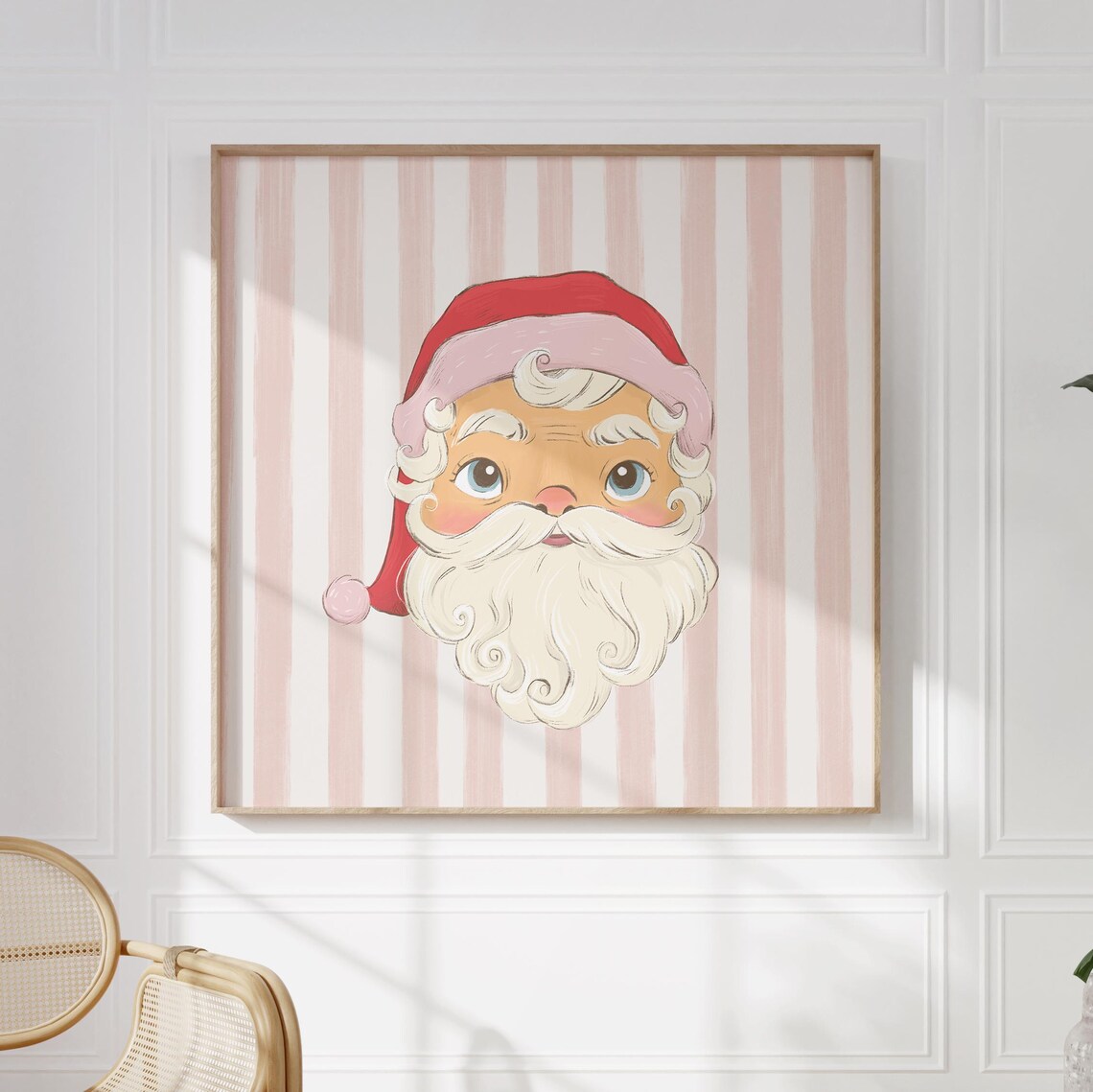 Whimsical Santa Claus Face Pink Striped Square Christmas Poster - Image 5