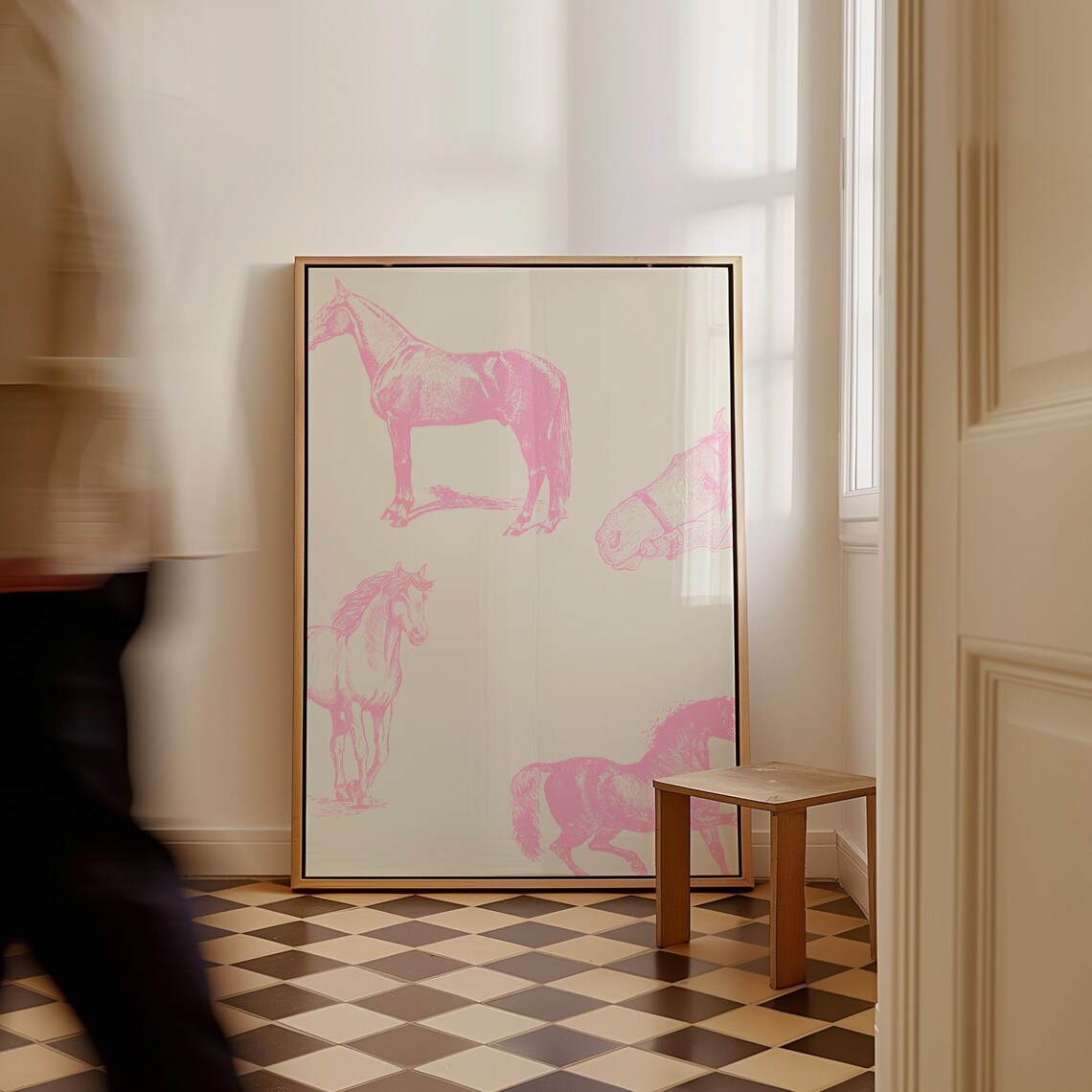 Pink Horse Illustration Art Print, Vintage Equestrian