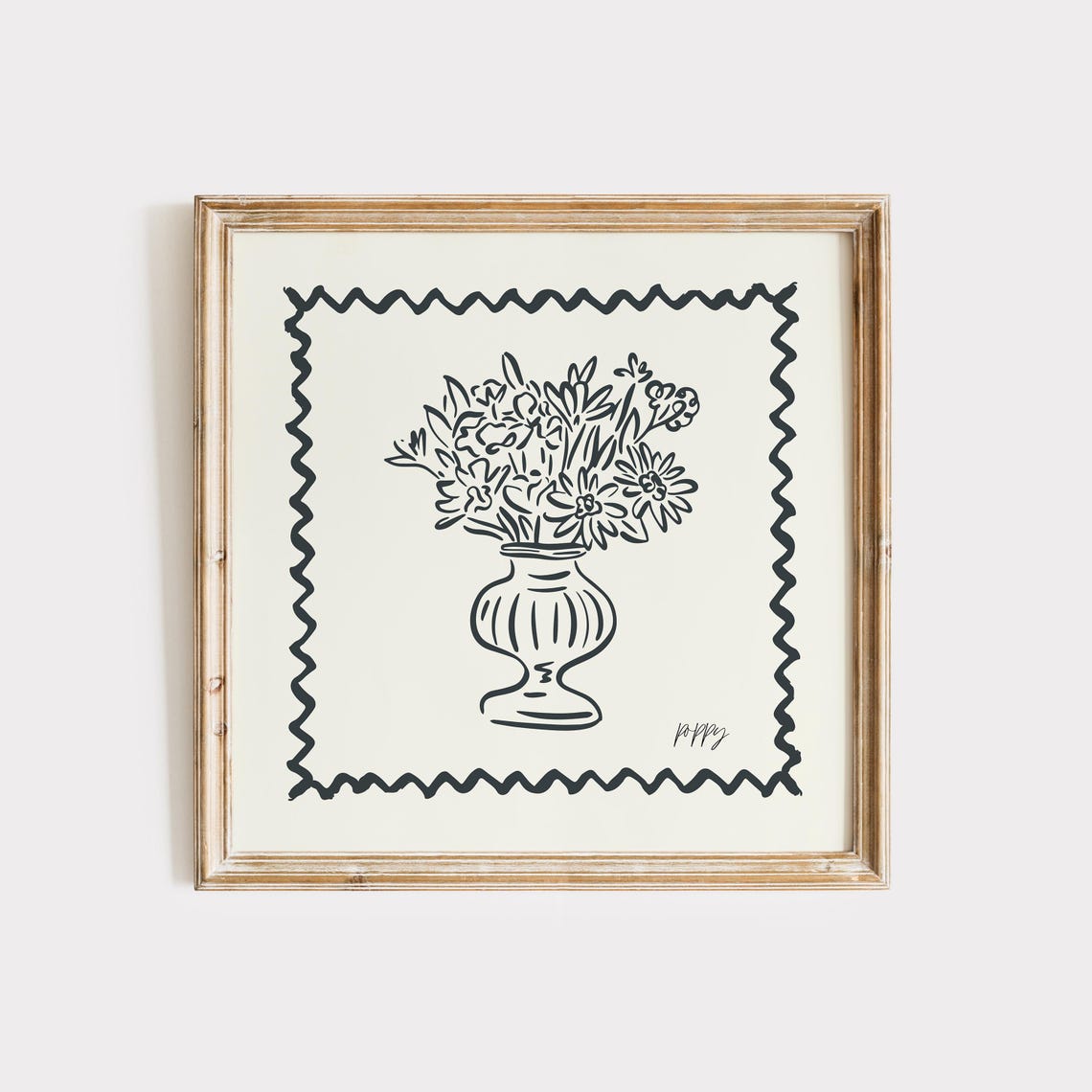 Black Line Wildflower Bouquet Vase Zigzag Border Cream Art Poster