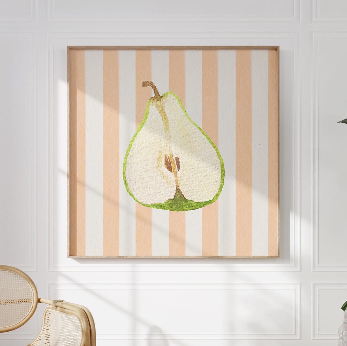 Sliced Green Pear Watercolor on Peach Striped Background Poster - Image 2
