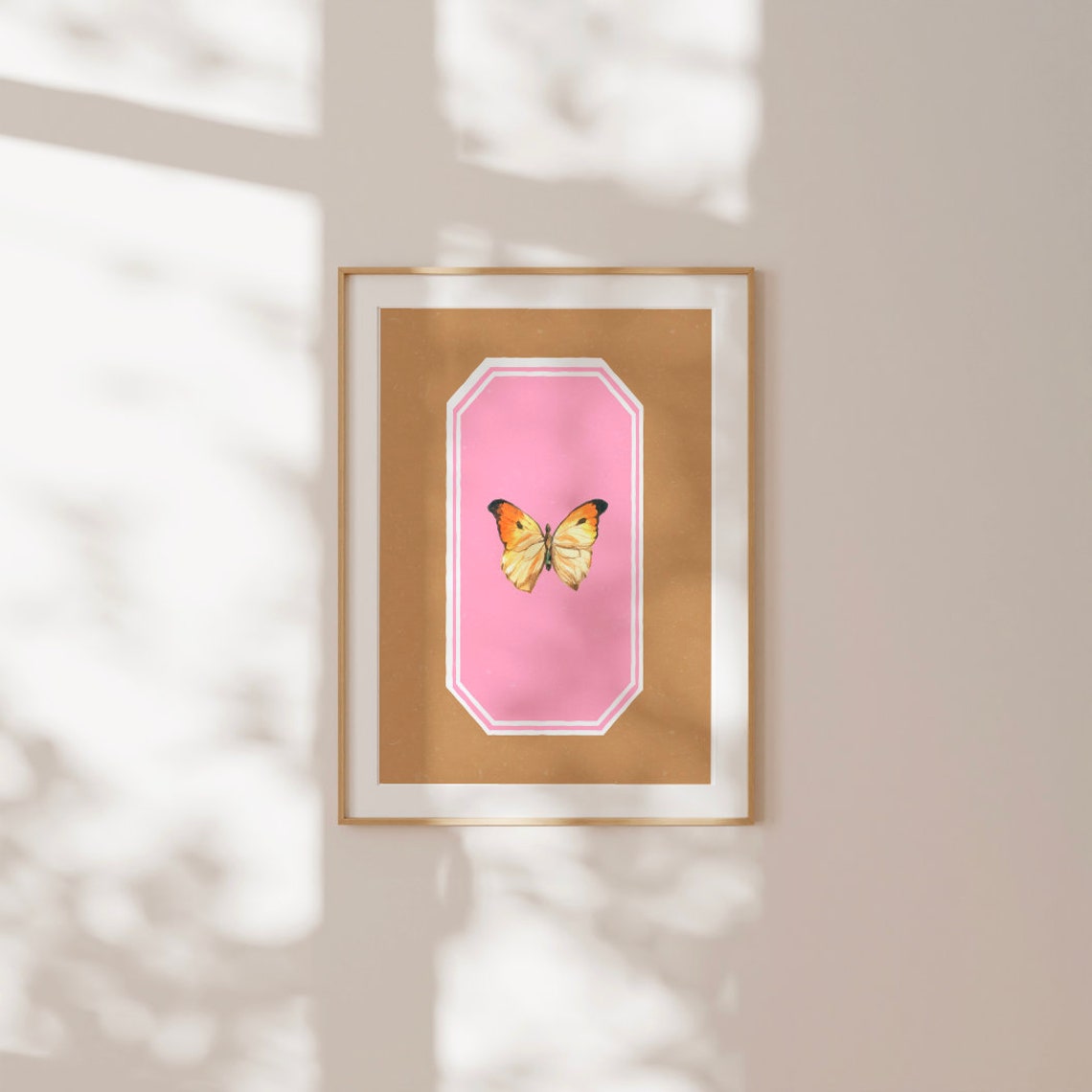 Pink Butterfly Octagon Poster with Orange Specimen on Tan Ground - Image 2