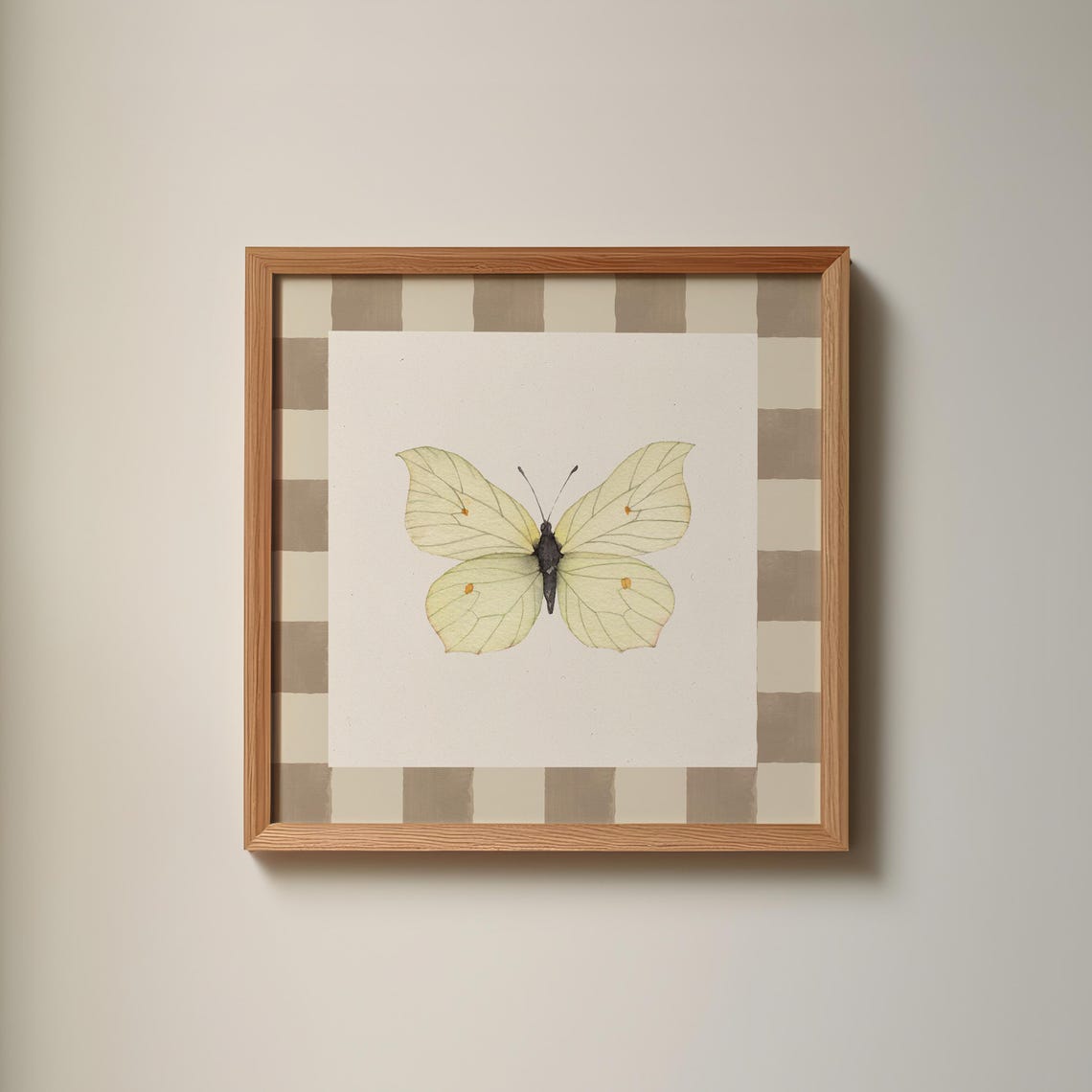 Pale Yellow Butterfly On Mocha Checkered Cottage Nursery Poster - Image 2