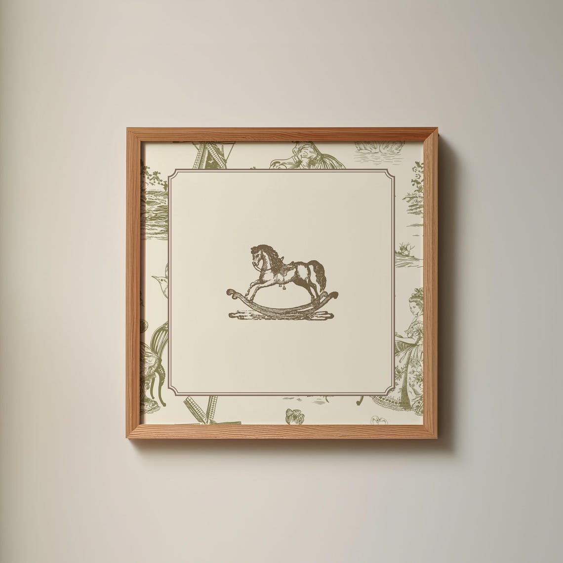 Green Toile Border Vintage Rocking Horse Engraving Nursery Poster