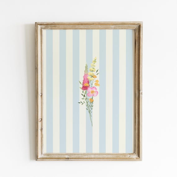 Blue Striped Floral Illustration, Nursery Art Print