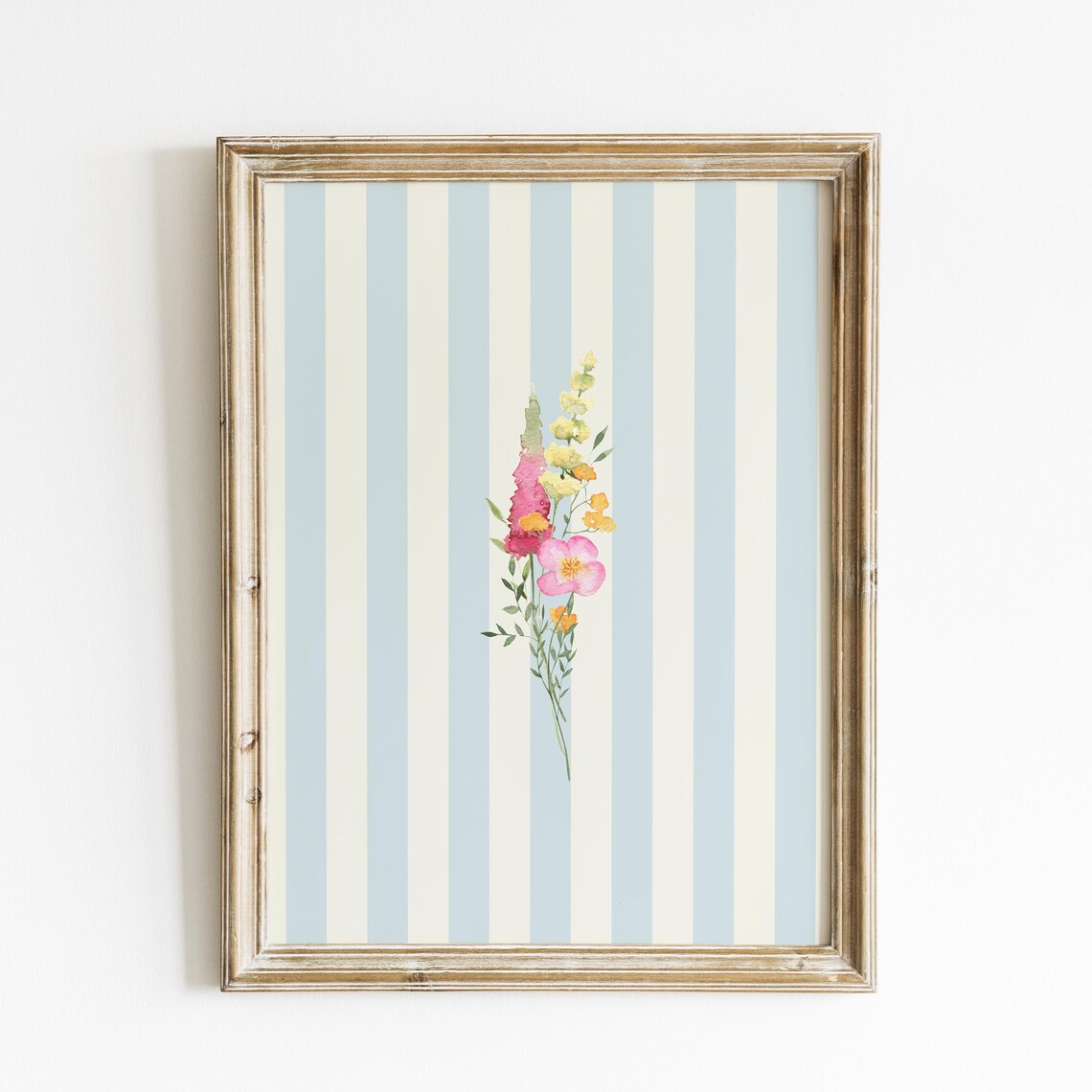 Blue Striped Floral Illustration, Nursery Art Print