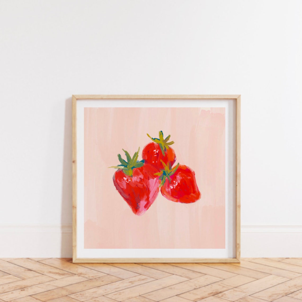 Watercolor Red Strawberries On Blush Pink Kitchen Decor Poster - Image 2