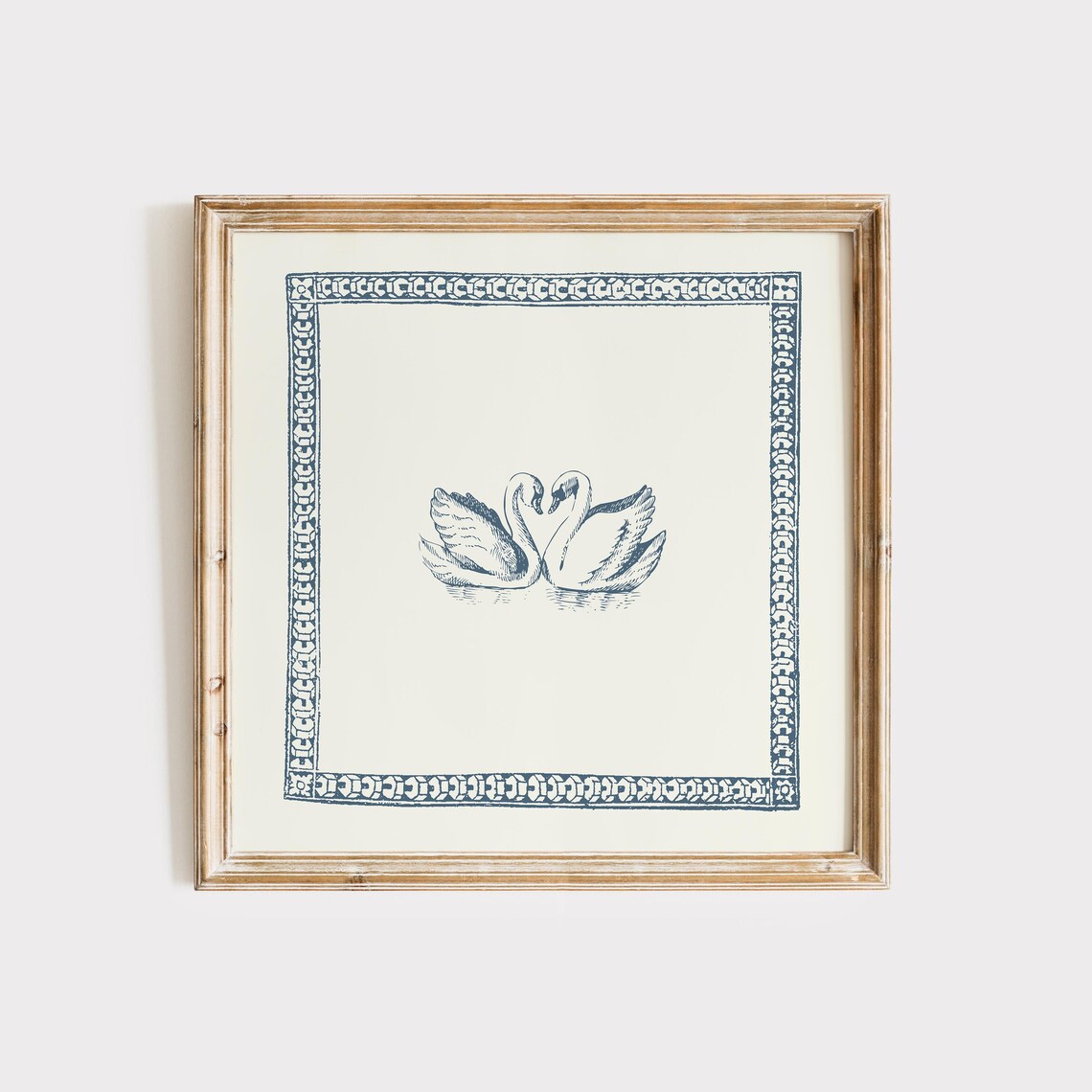 Cream Vintage Swans Engraving Poster Navy Border Coastal Decor