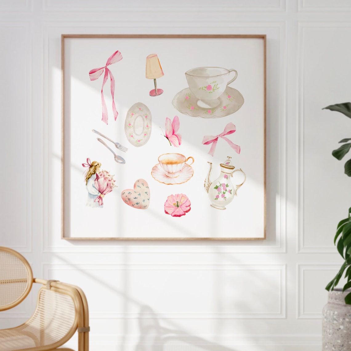 Pink Coquette Collage Poster with Bows Teacups and Butterfly Art - Image 2