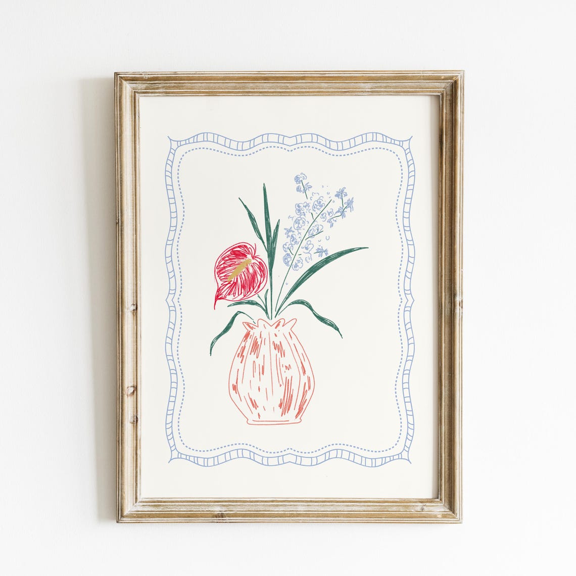 Red Anthurium Blue Blossom Bouquet Line Art Pink Vase Cottage Poster - Image 3