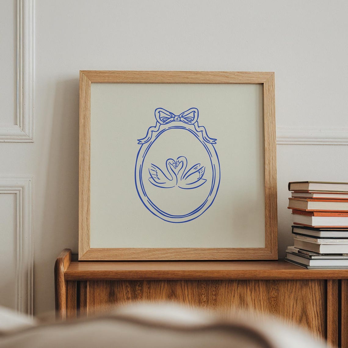 Blue Line Two Kissing Swans Love Romantic Bow Oval Frame Art Print - Image 4