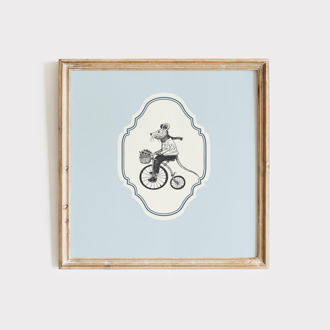 Vintage Mouse On Bicycle Flower Basket Baby Blue Ornate Square Poster