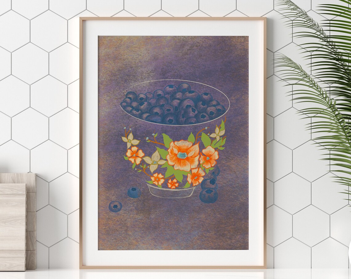 Blueberry Bowl Floral Vintage Illustration Purple Kitchen Art Poster