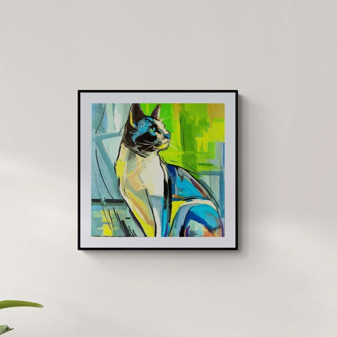 Expressive Colorful Cat Portrait Bold Blue Feline Oil Painting Wall Art - Image 2