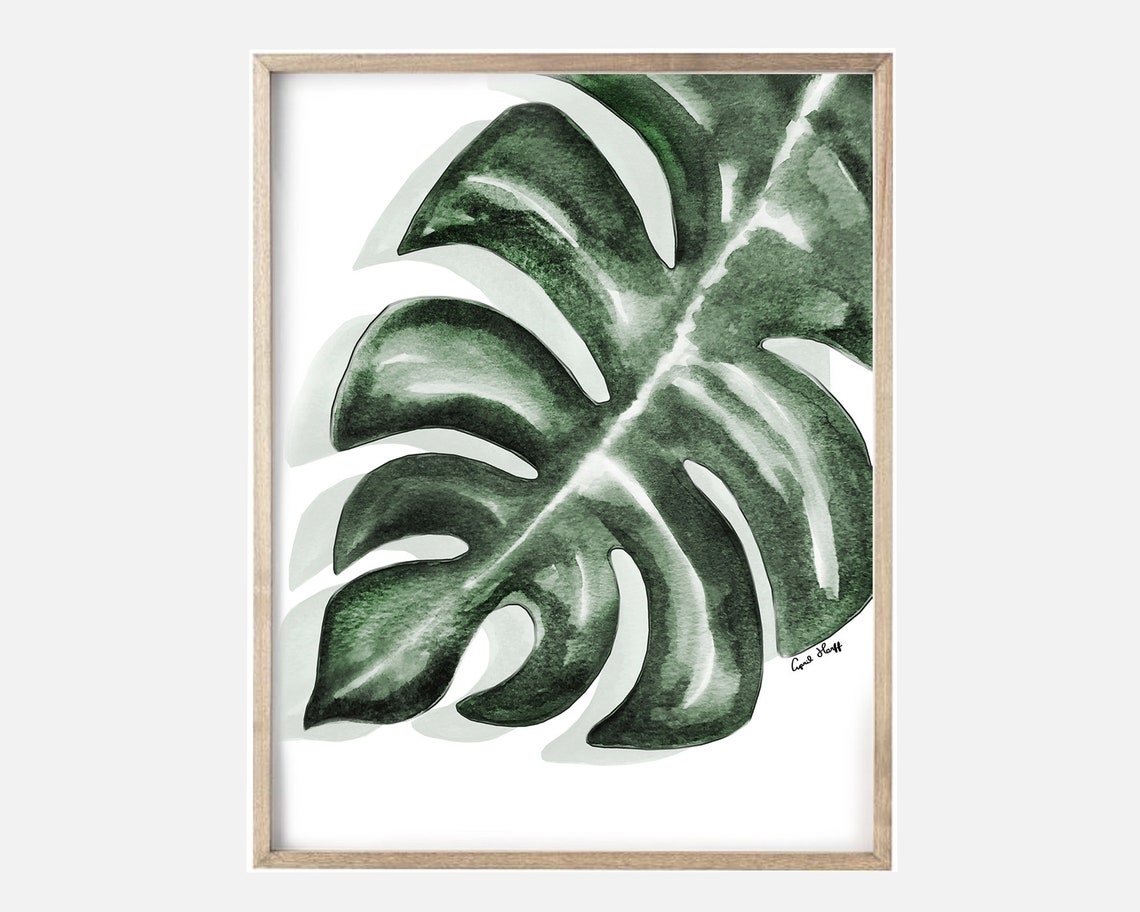 Single Monstera Leaf Shadow Watercolor Print Minimalist Botanical Art - Image 2