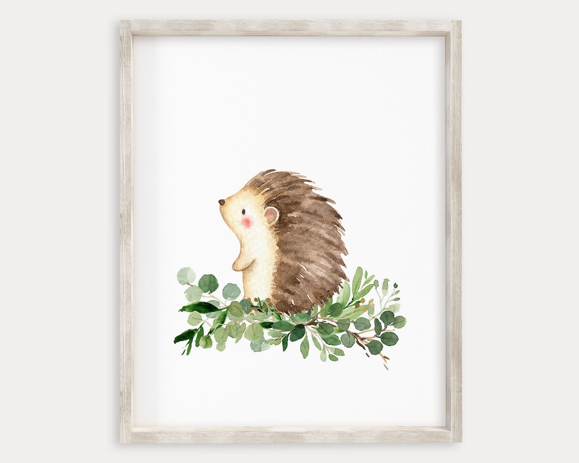 Cute Watercolor Hedgehog Eucalyptus Woodland Nursery Baby Poster - Image 2