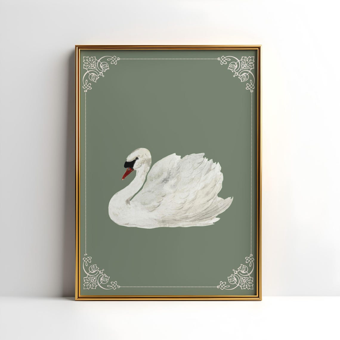 White Swan On Sage Green Vintage Cottagecore Animal Art Poster