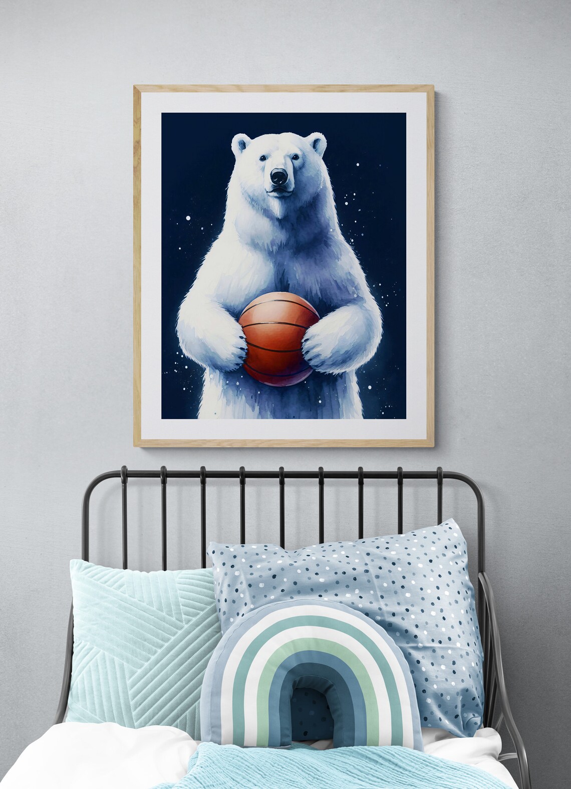 Polar Bear Holding Basketball Cute Watercolor Nursery Animal Wall Art - Image 2