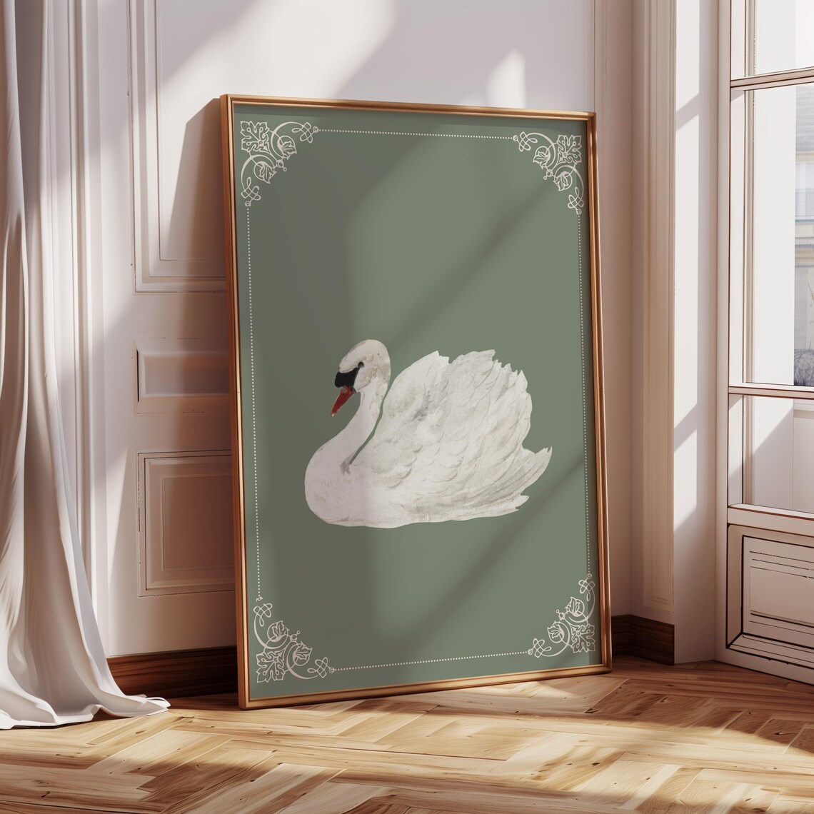 White Swan On Sage Green Vintage Cottagecore Animal Art Poster - Image 3