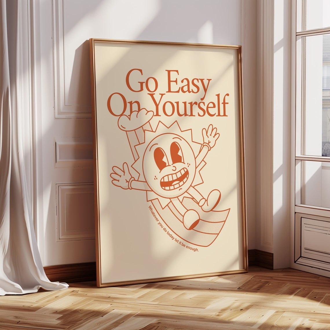 Go Easy On Yourself Retro Sun Character Burnt Orange Quote Art Poster - Image 4