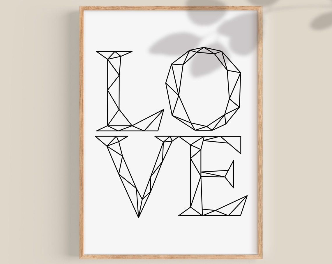 LOVE Geometric Line Art Black White Minimalist Typography Poster