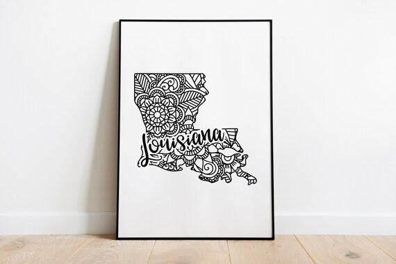 Louisiana Floral Mandala State Outline Map Black White Home Decor Poster