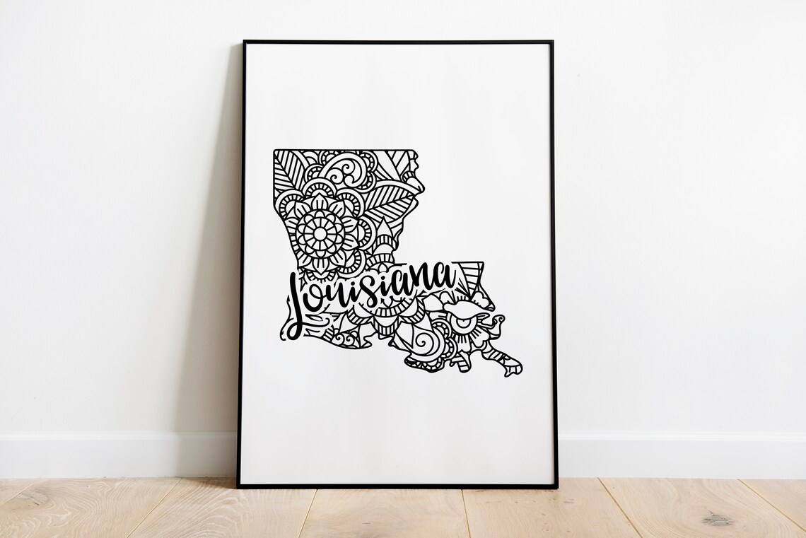 Louisiana Floral Mandala State Outline Map Black White Home Decor Poster