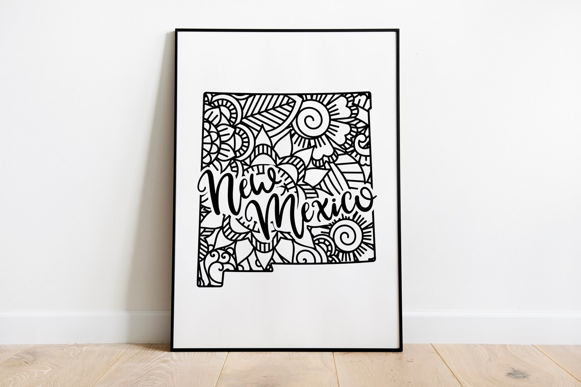 New Mexico Floral Mandala State Outline Map Black White Home Decor Poster