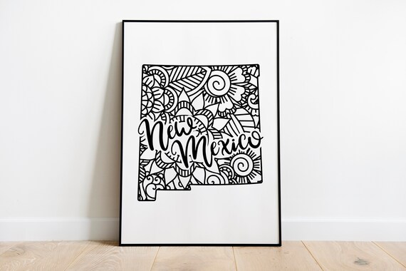 New Mexico Floral Mandala State Outline Map Black White Home Decor Poster