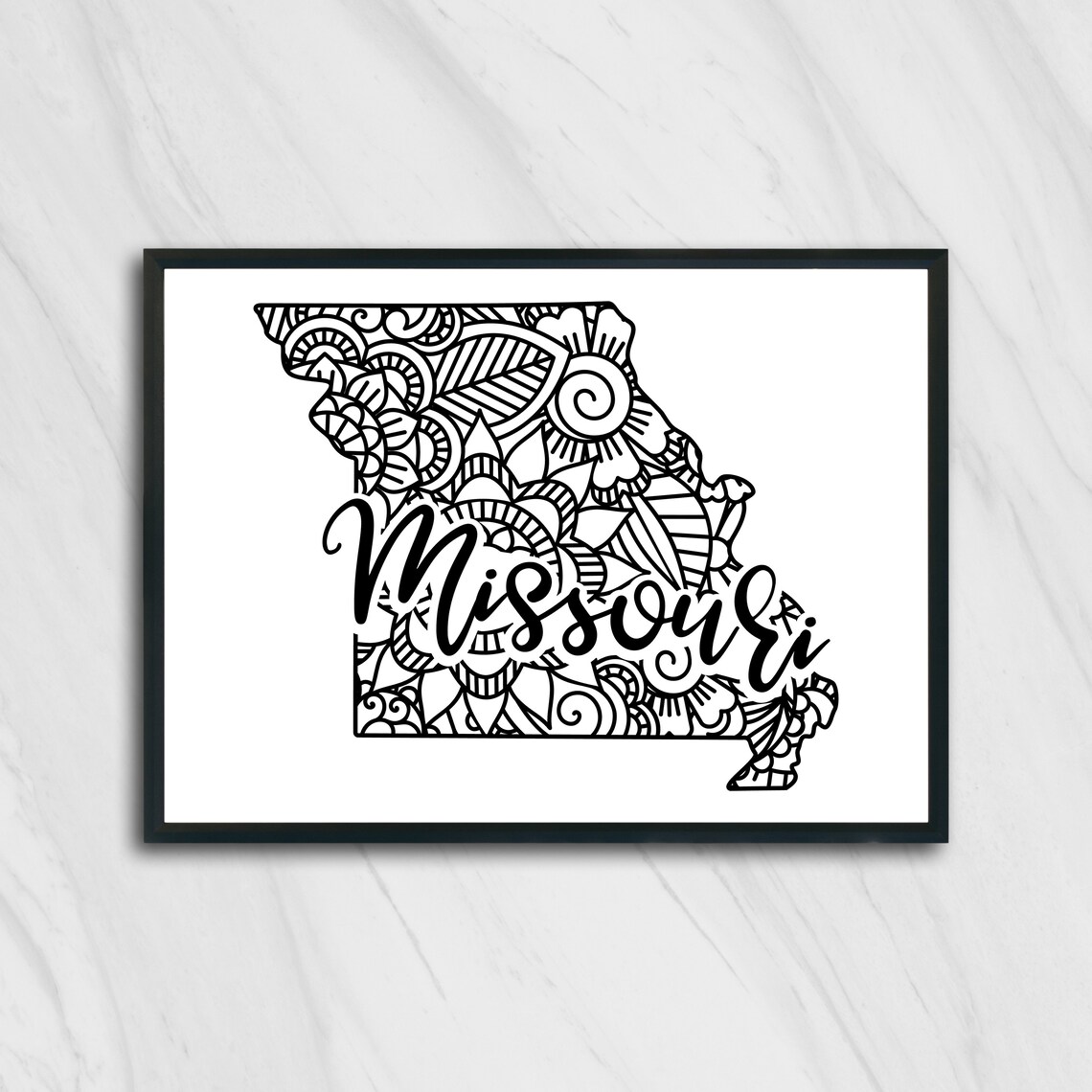Missouri Floral Mandala State Outline Map Black White Home Decor Poster
