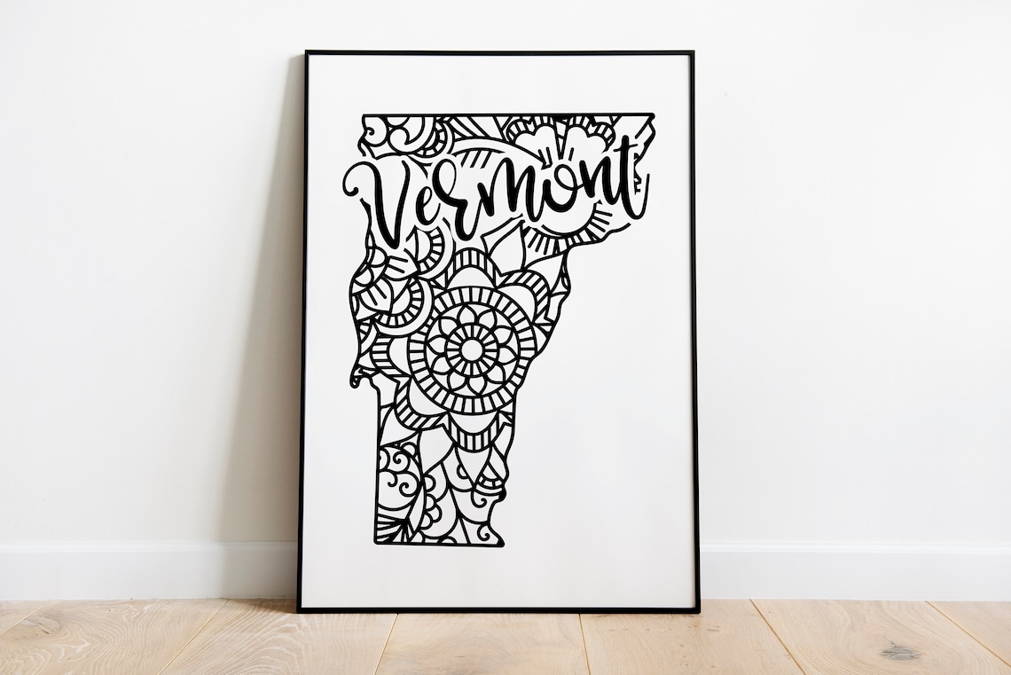Vermont Mandala State Outline Minimalist Black White Line Art Home Decor Poster