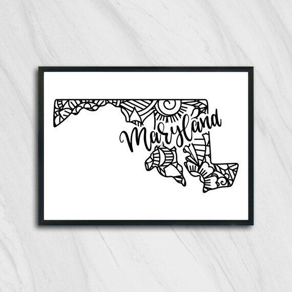 Maryland Floral Mandala State Outline Map Black White Home Decor Poster