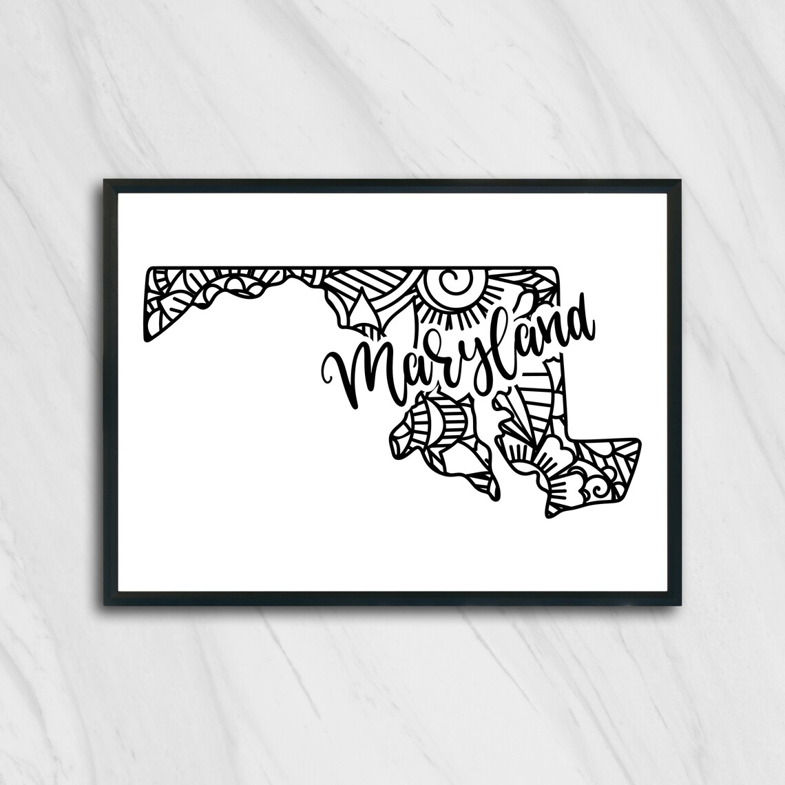 Maryland Floral Mandala State Outline Map Black White Home Decor Poster