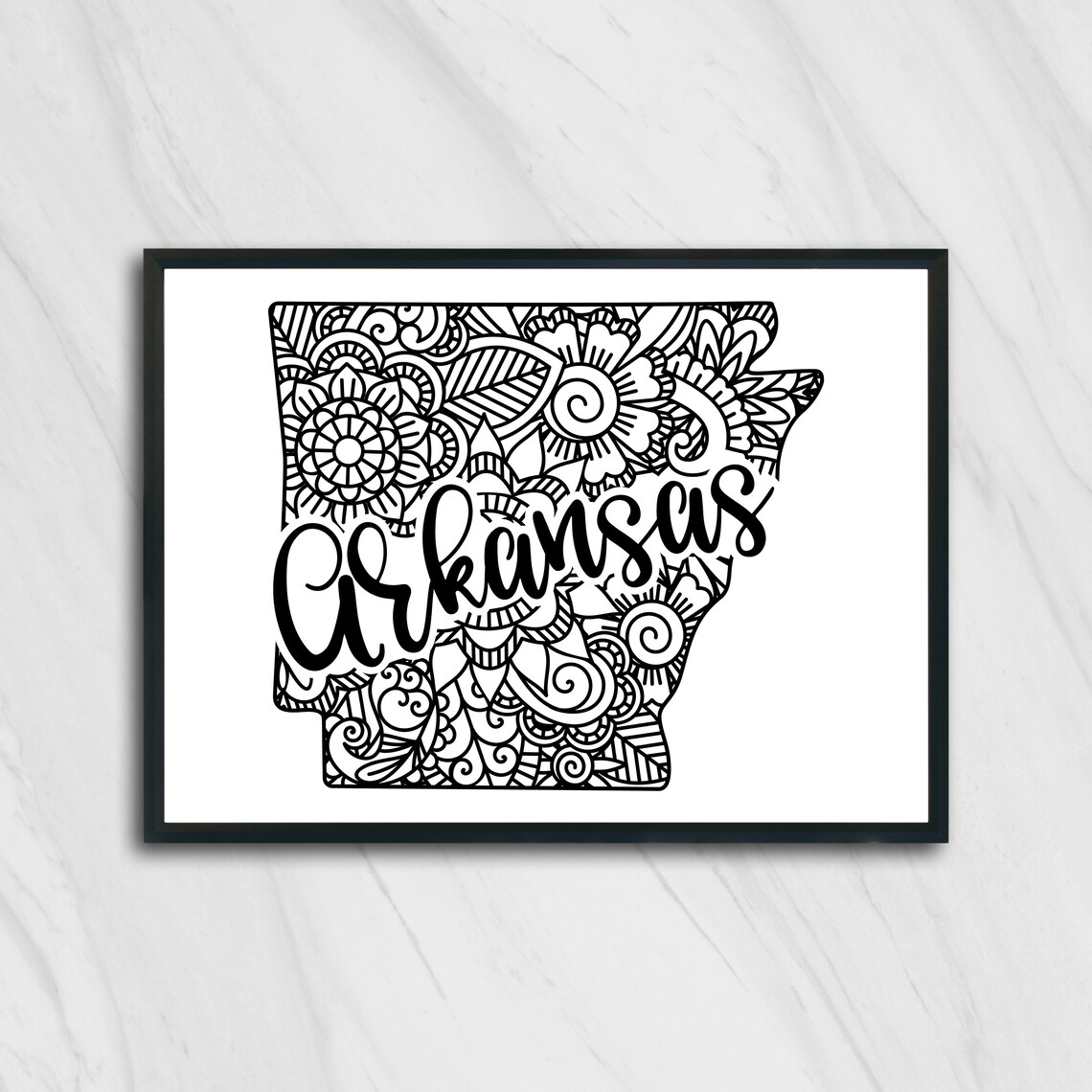 Arkansas Floral Mandala State Outline Map Black White Home Decor Poster