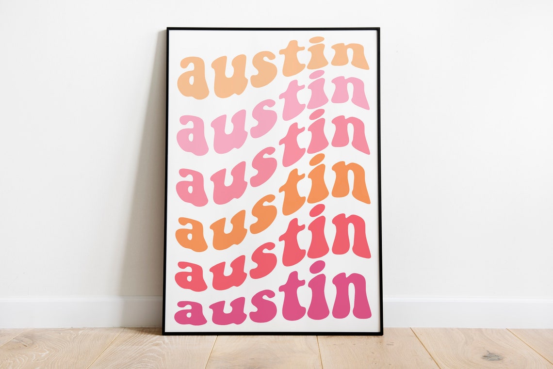 Austin Texas Groovy Retro Repeated Text Poster Peach Orange Fun Style