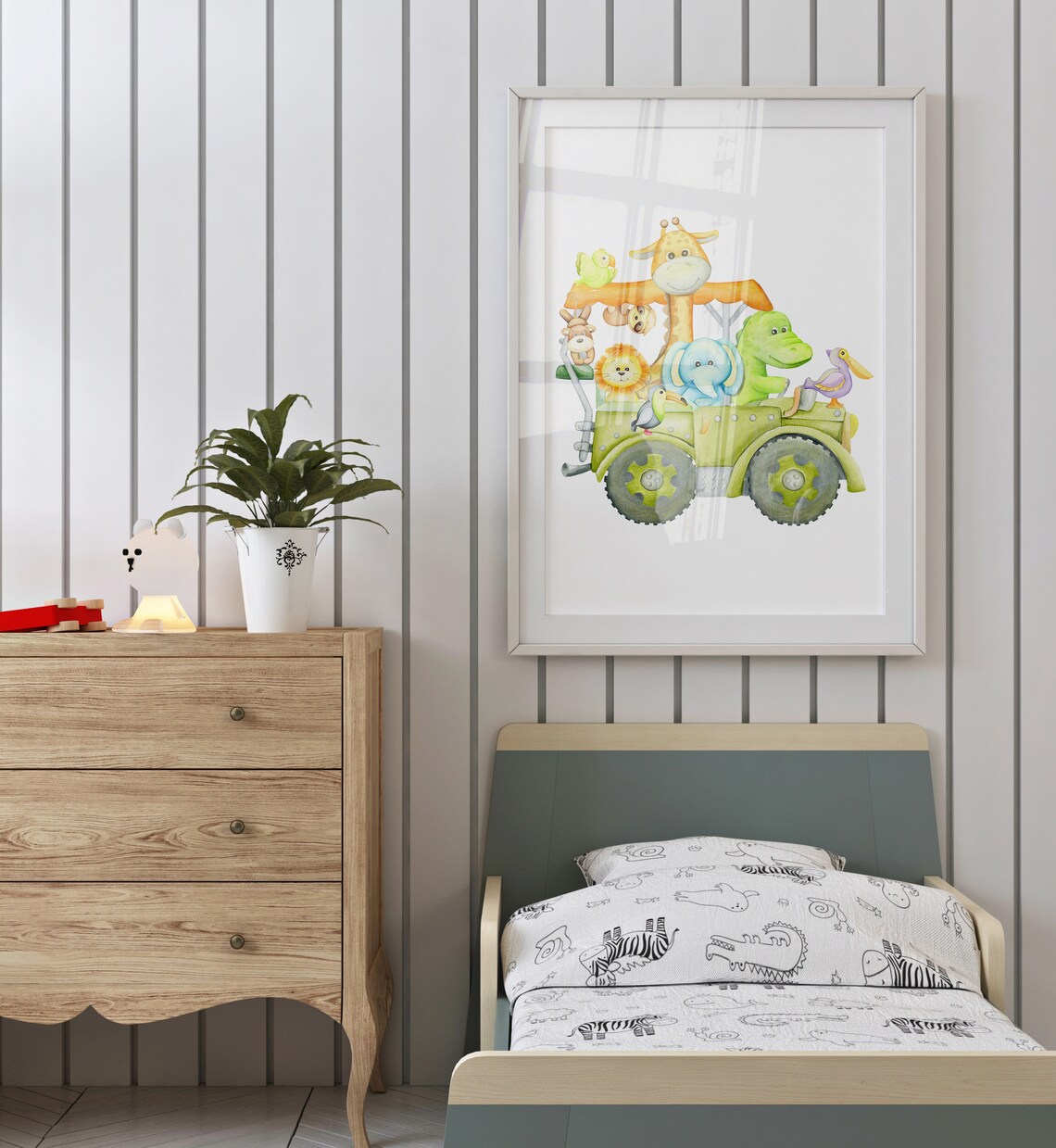 Watercolor Safari Truck With Cute Animals Nursery Wall Art Kids Room Poster - Image 2