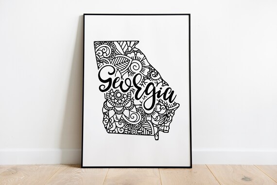 Georgia Mandala State Outline Minimalist Black White Line Art Home Decor Poster