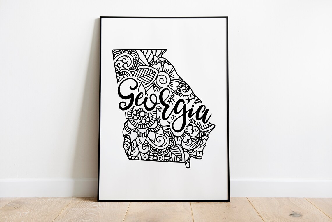Georgia Mandala State Outline Minimalist Black White Line Art Home Decor Poster