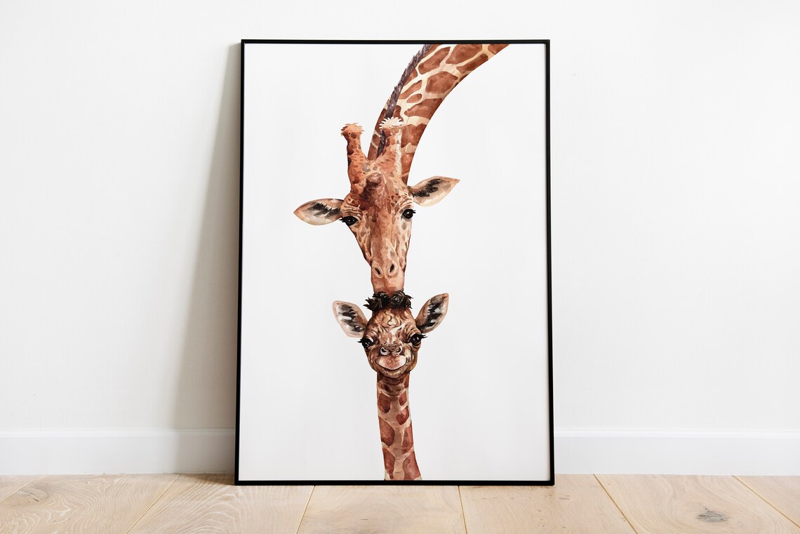 Giraffe Kisses Sweet Watercolor Mom Baby Nursery Playroom Animal Wall Art