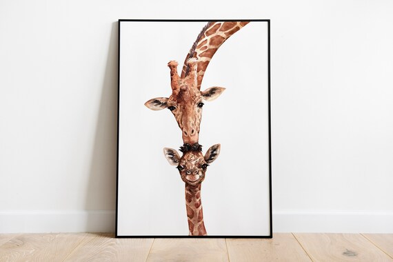 Giraffe Kisses Sweet Watercolor Mom Baby Nursery Playroom Animal Wall Art