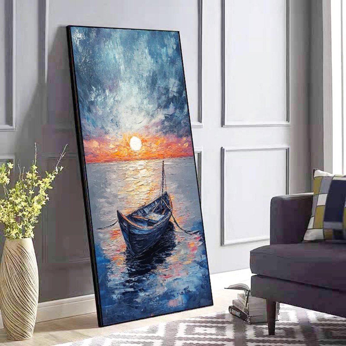 Peaceful Sunset Sailboat on Calm Blue Ocean Oil Painting Poster - Image 4