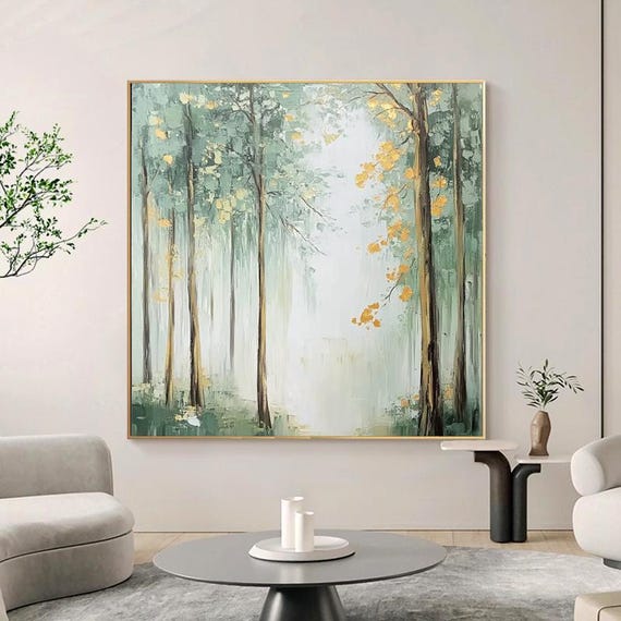Hand Painted Oil Painting Green Forest Landscape With Golden Accents Original Wall Art For Living Room Entryway Dining Room