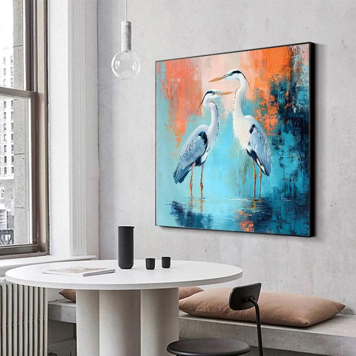 Two White Herons Teal Water Coral Sunset Abstract Painting Poster - Image 4