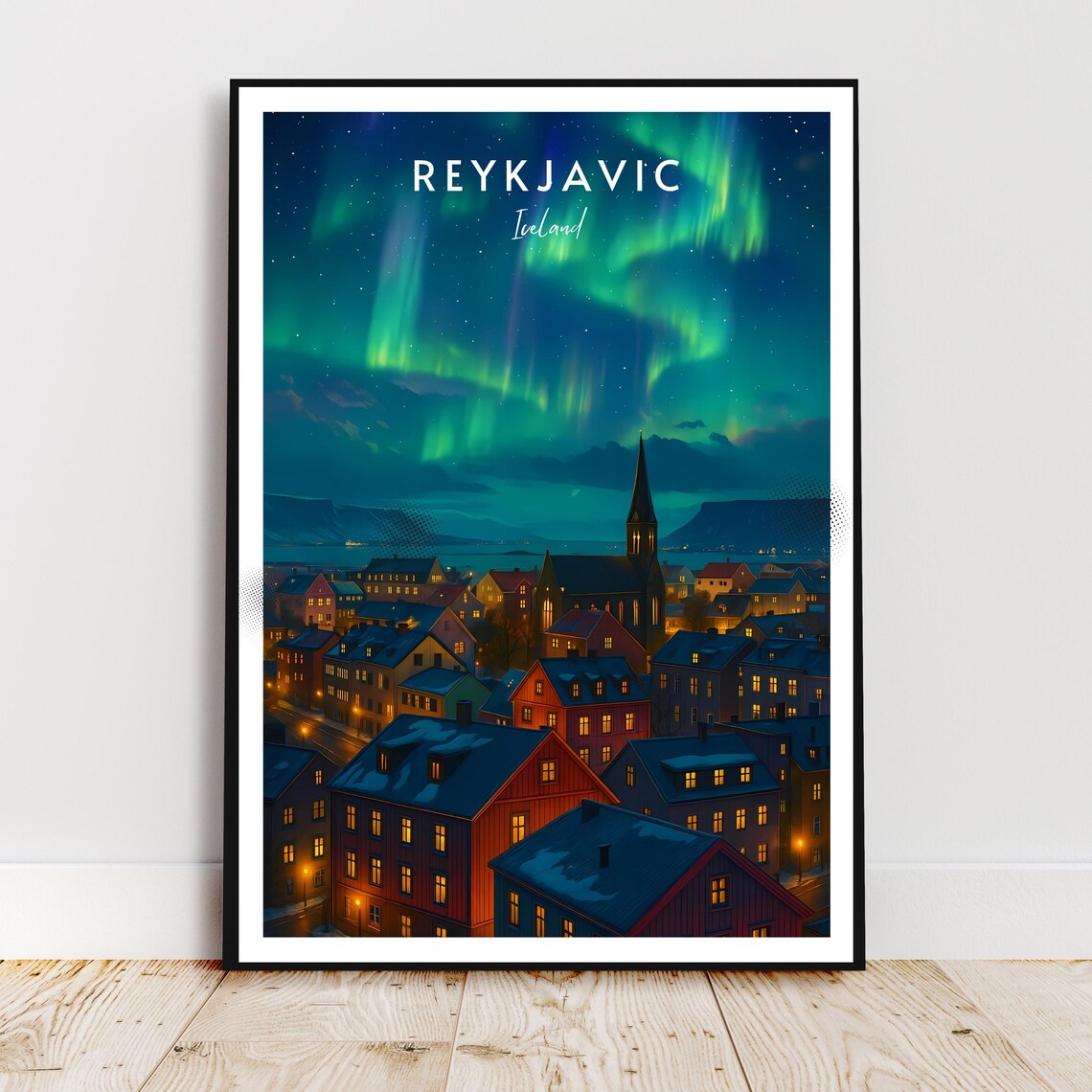 Reykjavik Iceland Northern Lights Over Old Town Travel Poster