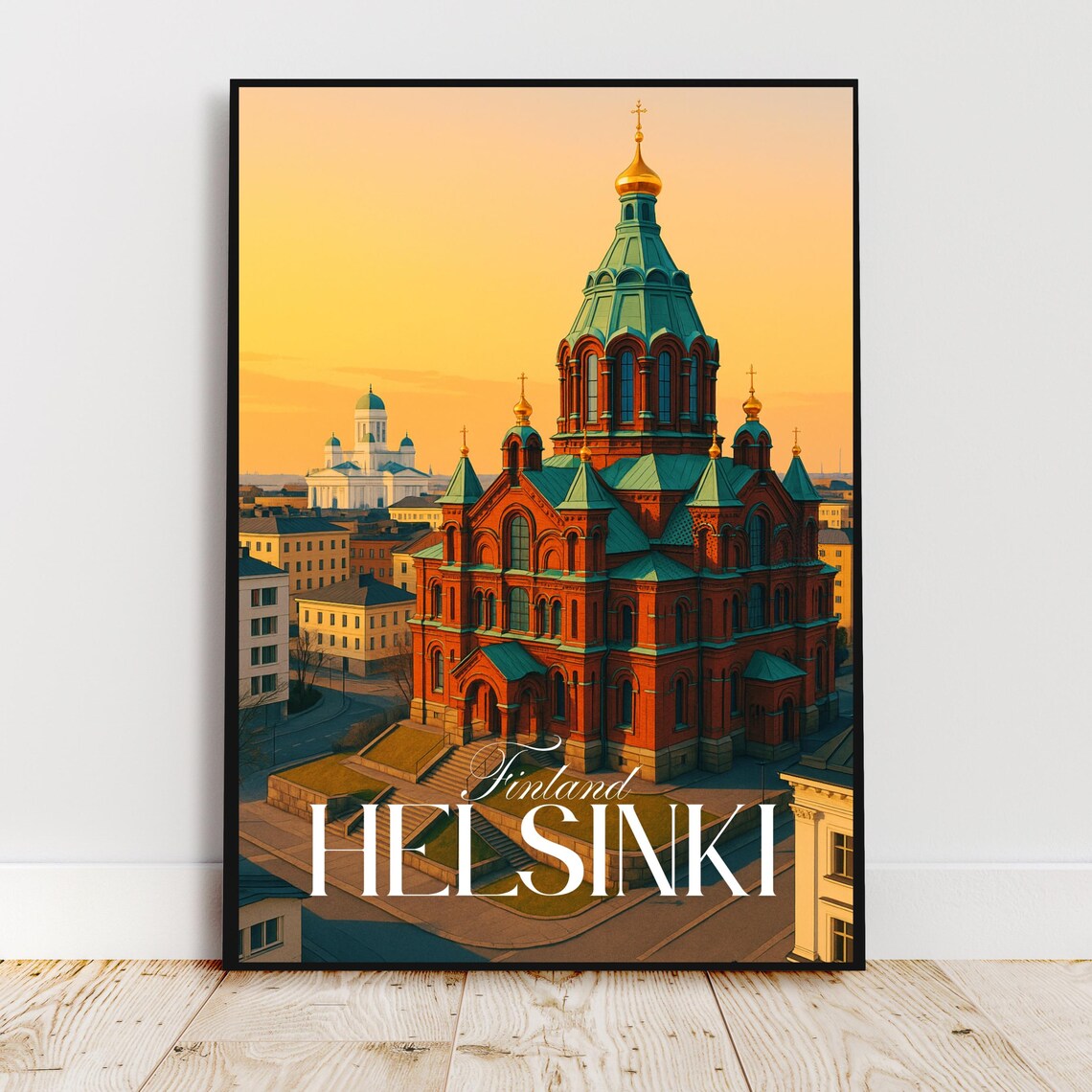 Helsinki Finland Uspenski Cathedral Sunset Golden Sky Travel Poster