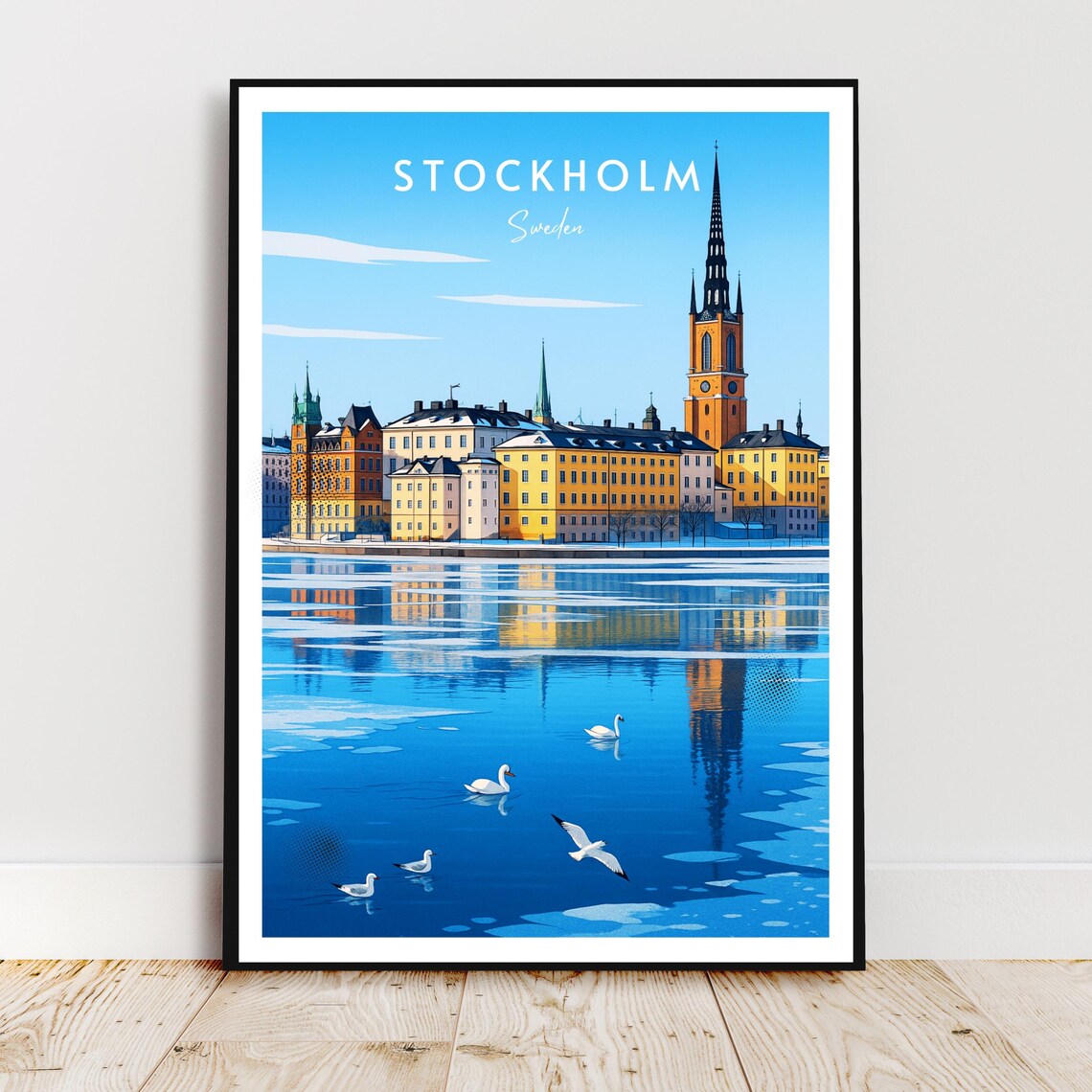 Stockholm Sweden Winter Waterfront Swans Scenic Travel Art Poster
